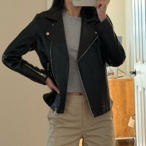 SANDRO PARIS lambskin biker-style moto black leather jacket size 3